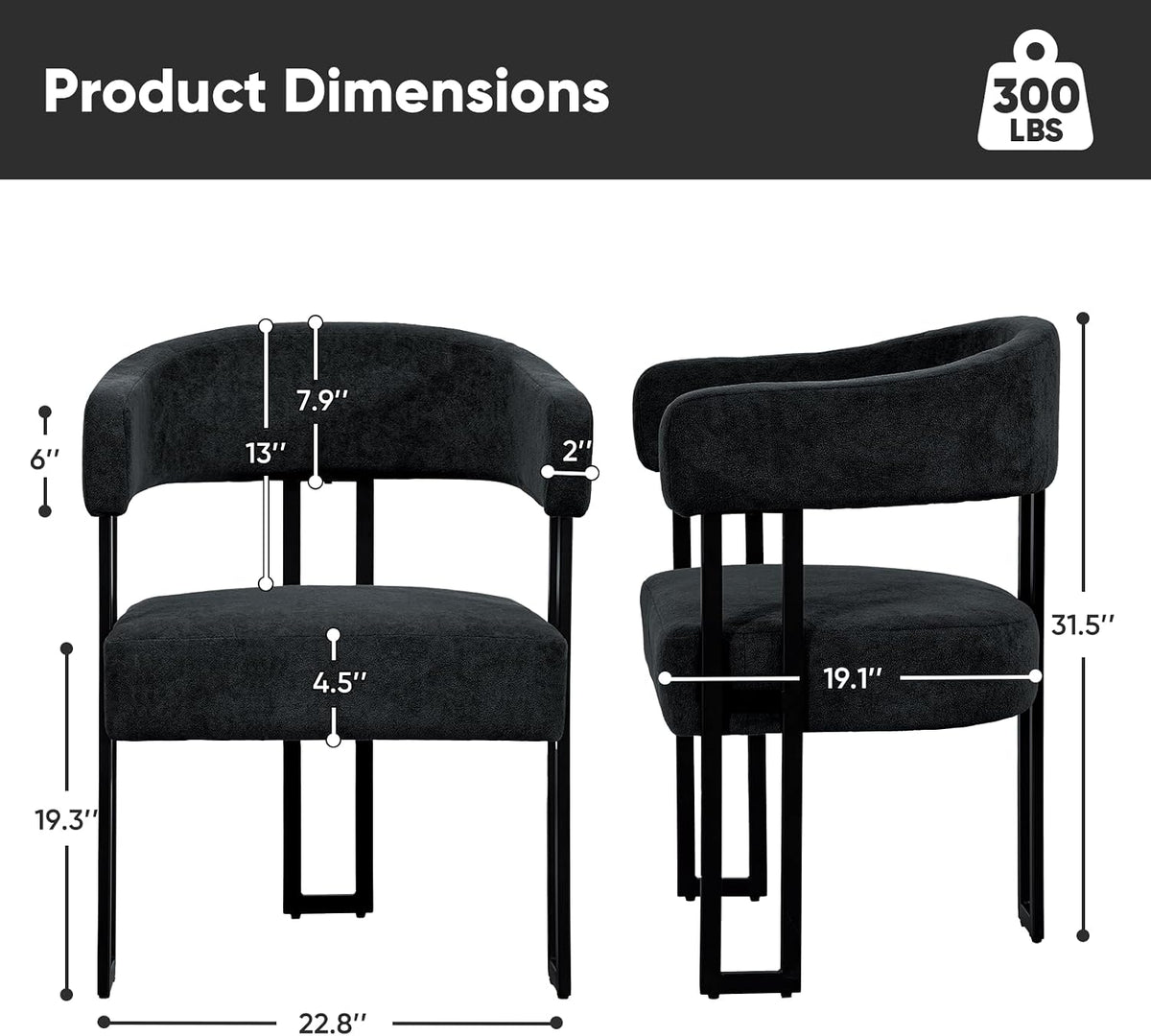 Dining Chairs Set of 2, Boucle Upholstered Kitchen Chairs with Metal Leg | Elevated Backrest Armchairs Mid Century Modern Barrel Chair for Living Room, Dining Room, Farmhouse, Coffee, Black