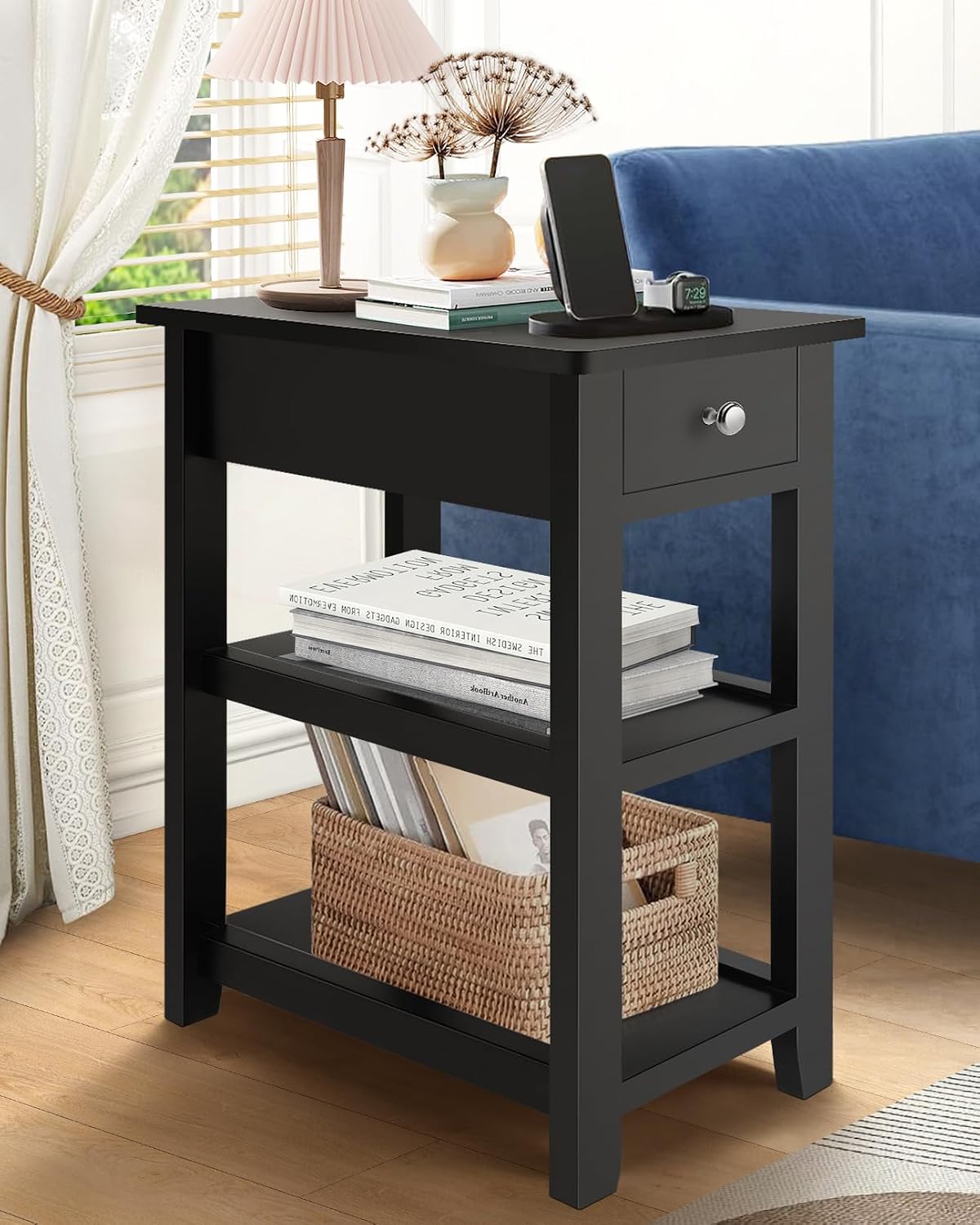 Homdox Narrow Side Table, 3 Tier Sofa End Table with Drawer and Shelf for Living Room, Wooden Nightstand with Storage for Small Spaces, Black