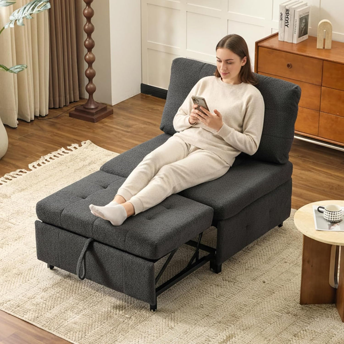 VINGLI Convertible Sofa Bed Tufted Teddy Fleece Sleeper Chair Bed Couch Armless Living Room Chairs with Adjustable Backrest Pull Out Couch Bed for Small Spaces