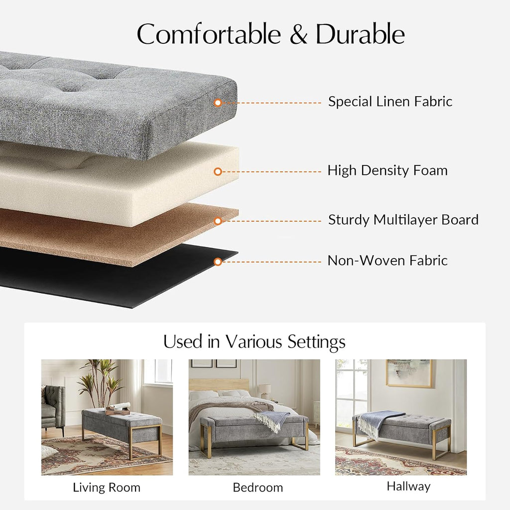 Modern Storage Ottoman Bench with Gold Metal Legs Upholstered Footrest End-of-Bed Bench with Hidden Storage, Hallway and Entryway Grey