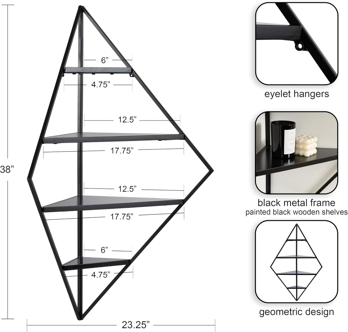 Kate and Laurel Melora Modern Glam Corner Shelf; 24 x 17 x 38; Black; Contemporary Floating Corner Shelving with Four Shelves for Living Room Decor and Storage