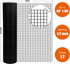 48" x 50' 1/2inch PVC Hardware Cloth Vinyl Coated Chicken Wire Fence Galvanized Welded Mesh Roll for Home Garden Rabbit Cage, Black-PVC