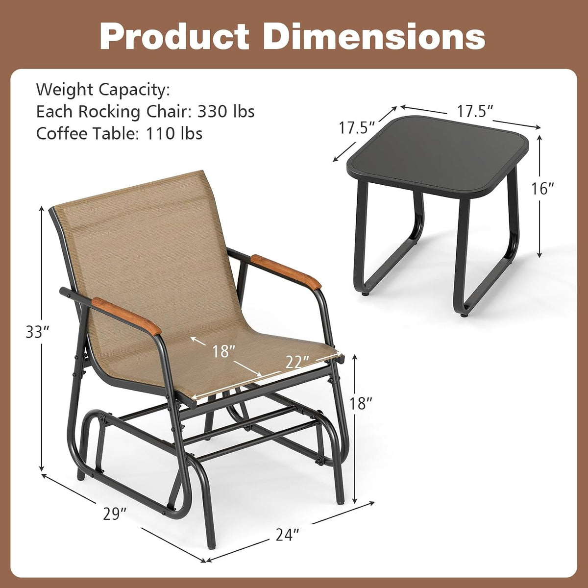 Tangkula 3 Piece Patio Bistro Glider Set, 2 Rocking Chairs w/Tempered Glass Side Table, Patio Furniture Set w/Smooth Rocking Motion, Outdoor Glider Chair Set for Porch, Yard, Balcony
