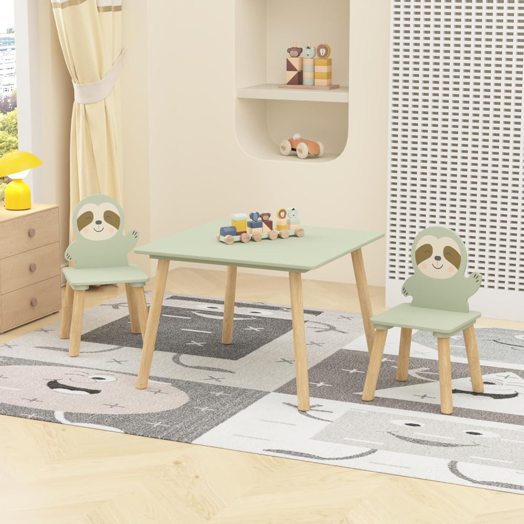 Kids Table and Chair Set with 2 Sloth Chairs 23.6" x 23.6" x 17.3" Solid Wood Table & Chairs in Sage Green & Natural Wood
