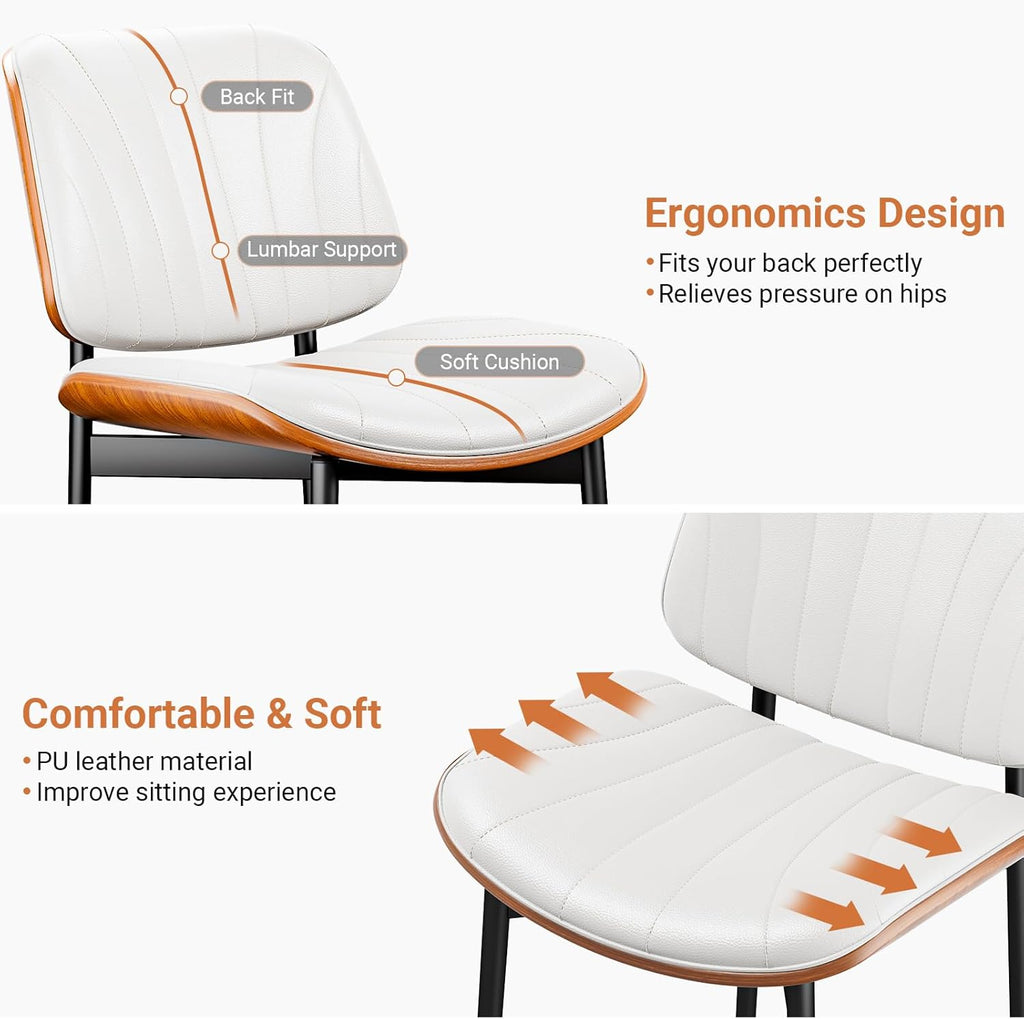 YaFiti Dining Chairs Set of 2, Mid Century Modern PU Leather Kitchen Chairs | Ergonomic Walnut Backrest, Upholstered Waterproof Faux Leather Seat, Stable Metal Legs, Adjustable Footpads, White Scallop