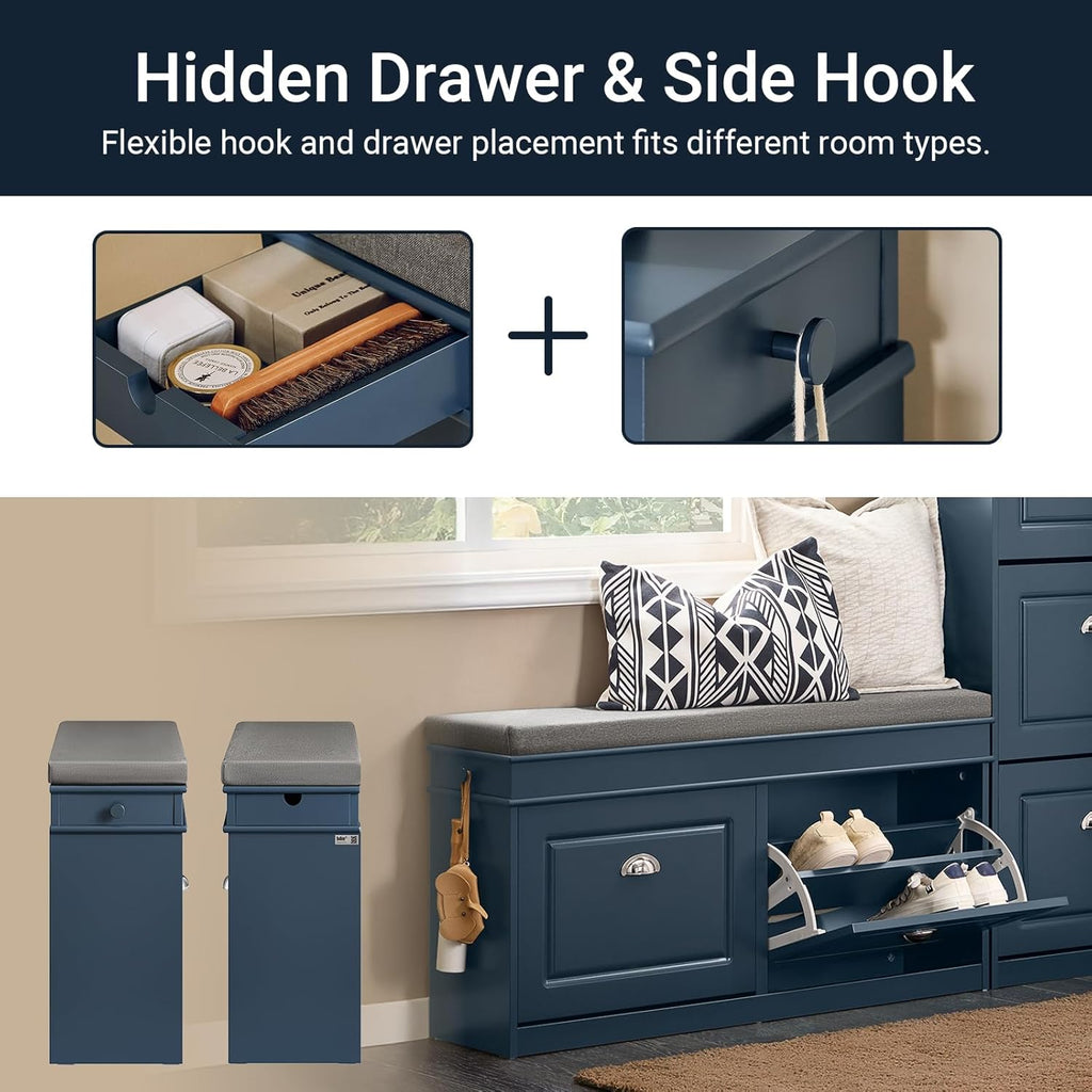 Haotian Shoe Storage Bench Entryway, Shoe Cabinet Bench with 2 Flip Drawers & Cushion, Modern Design Shoe Organizer for Hallway, Navy Blue FSR64-B