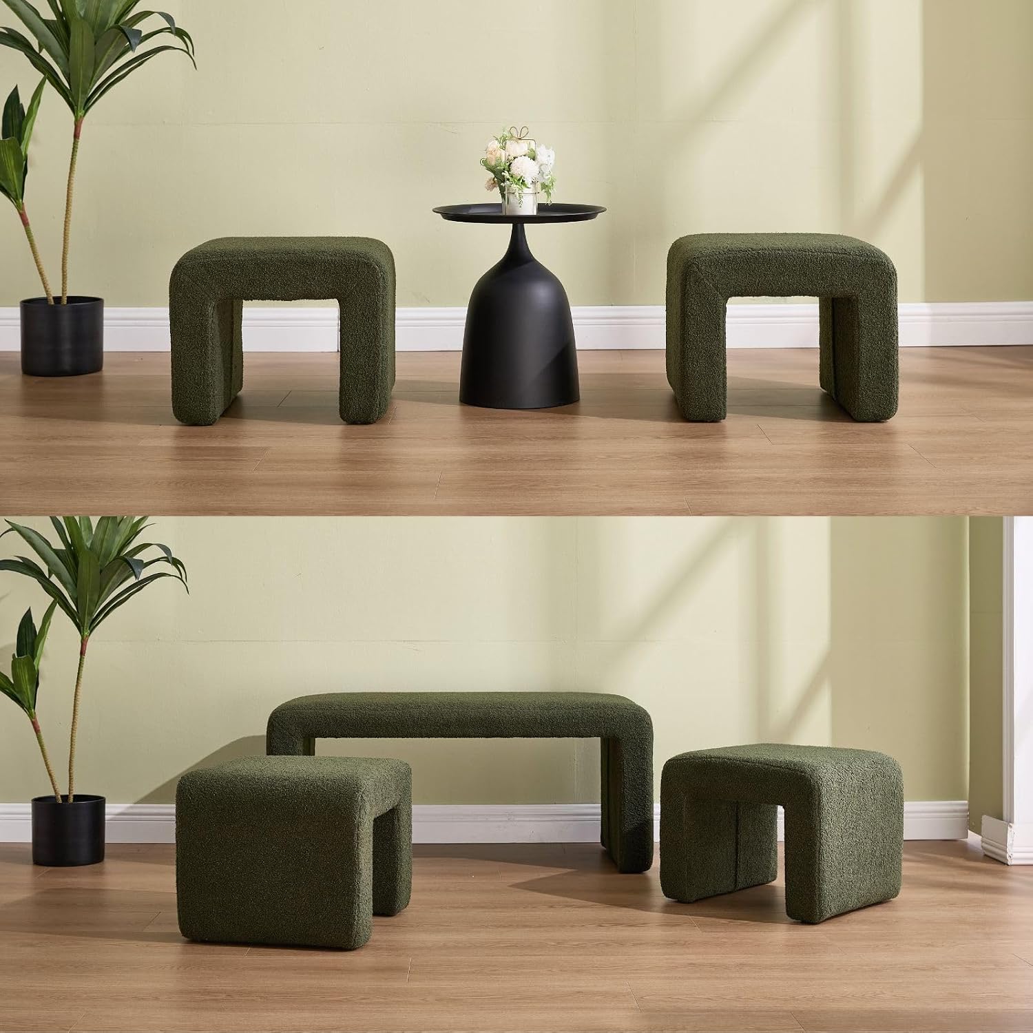 ROCITY Green Boucle Bedroom Bench Small Upholstered Entryway Bench Modern Sherpa Footstool Sofa Footrest Extra Seating for Living Room, End of Bed, Set of 3 Bench, 20+50 Inch Bench