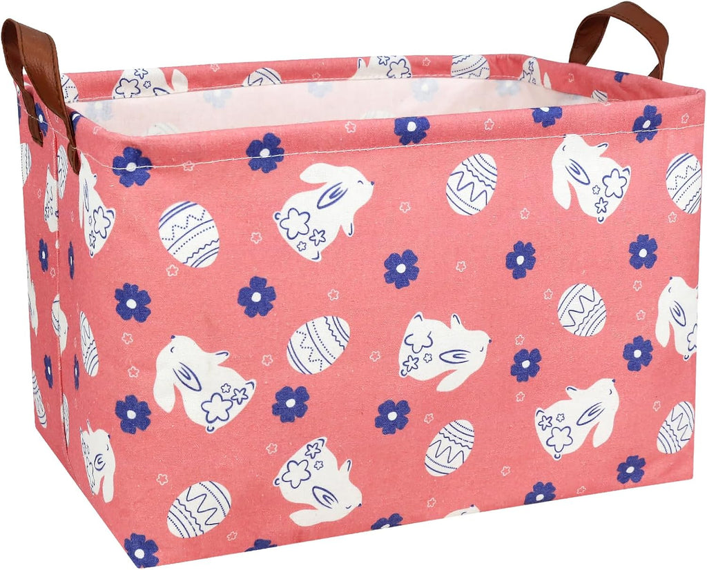 Large Rectangular Cute Kid Easter Basket Empty Bunny Eggs Easter Basket Gift Spring Room Storage Organizer Décor (Rabbit Pink Background)