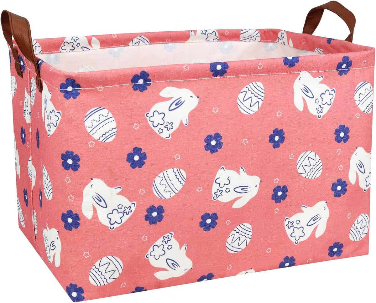 Large Rectangular Cute Kid Easter Basket Empty Bunny Eggs Easter Basket Gift Spring Room Storage Organizer Décor (Rabbit Pink Background)