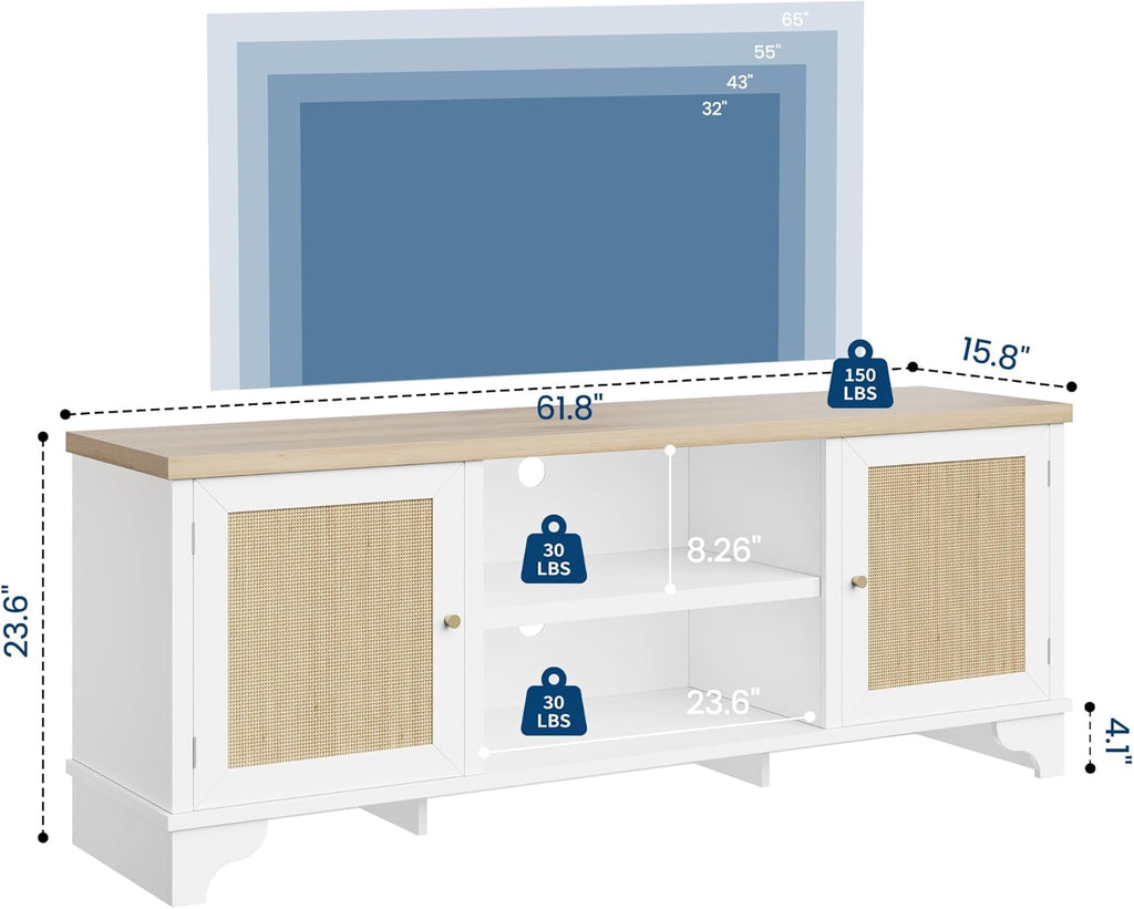 IDEALHOUSE Living Room Table Sets of 2, Includes 62" Rattan TV Stand Storage Cabinet for 65" TV, Farmhouse Coffee Table with Storage Shelf for Bedroom