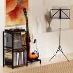 YAKANJ End Table with Guitar Stand,Record Player Stand,Vinyl Records Storage,2-Tier Guitar Stand for Acoustic,Turntable Stand for Music Studio-Brown