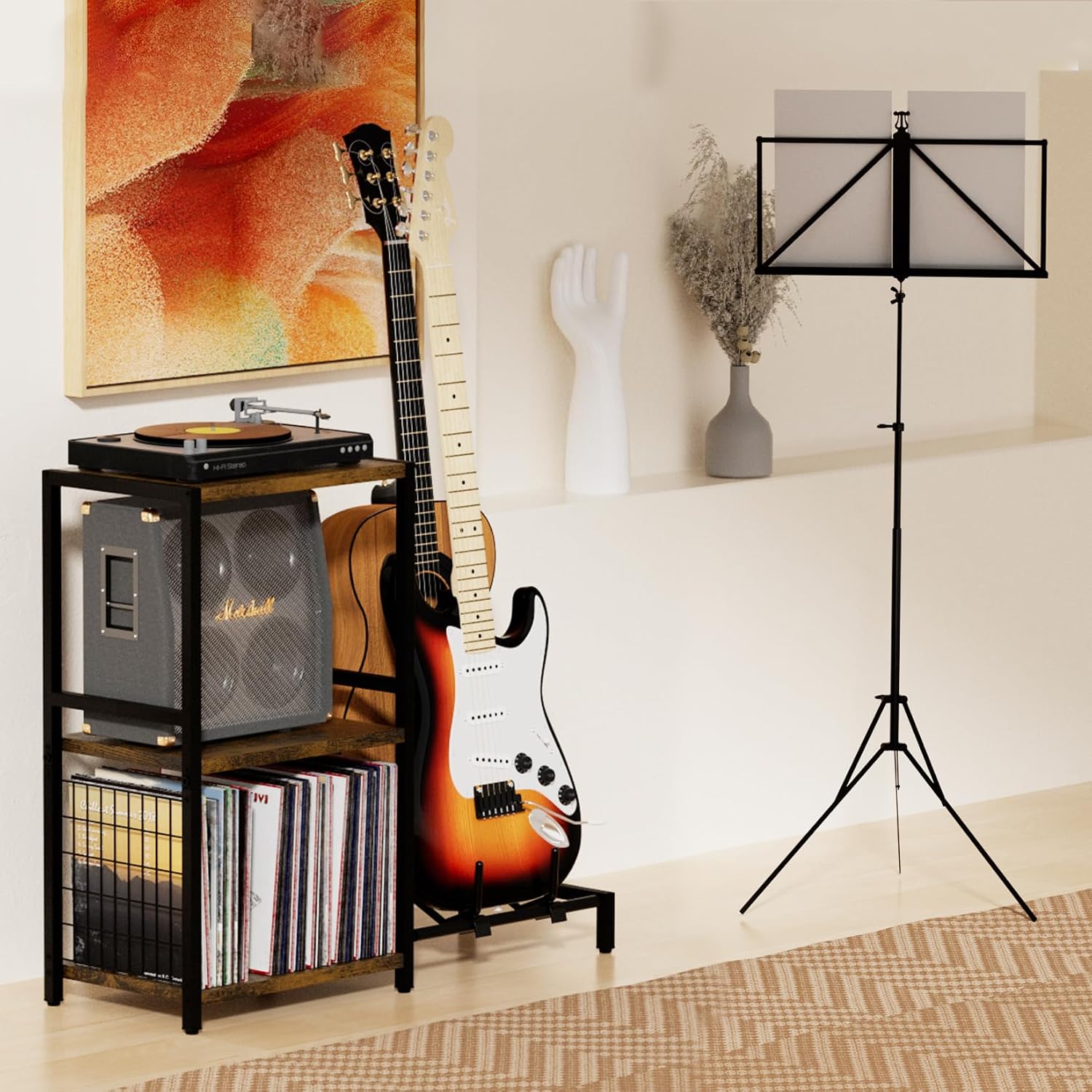 YAKANJ End Table with Guitar Stand,Record Player Stand,Vinyl Records Storage,2-Tier Guitar Stand for Acoustic,Turntable Stand for Music Studio-Brown