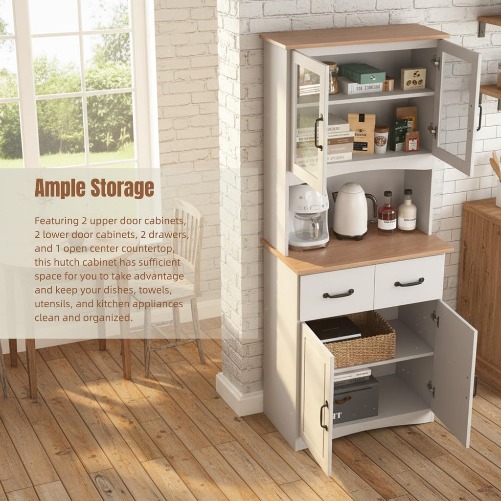 Microwave Cart with Storage, Freestanding Kitchen Pantry Cabinet with Stand & Adjustable Shelves, Farmhouse Multi-Function Organizer with Drawers, Glass Doors for Dining Room Office Dorm, White