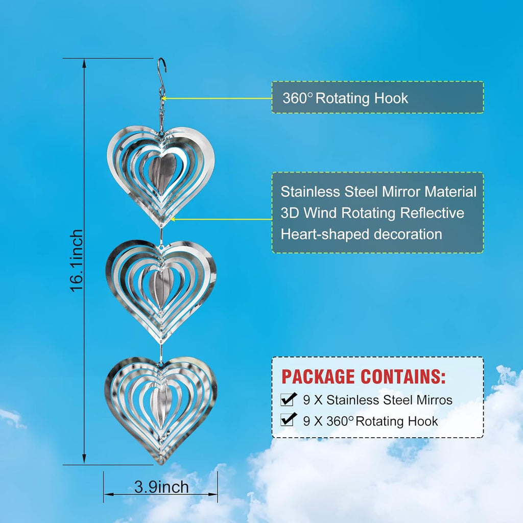 9 Heart Bird Scare Discs Set-Highly Reflective Double-Sided Bird Reflectors, Stainless Steel Wind Spinner with 360° Rotating Hook, Mirrored Wind Chime Decor for Yards, Gardens, Balconies & Orchards
