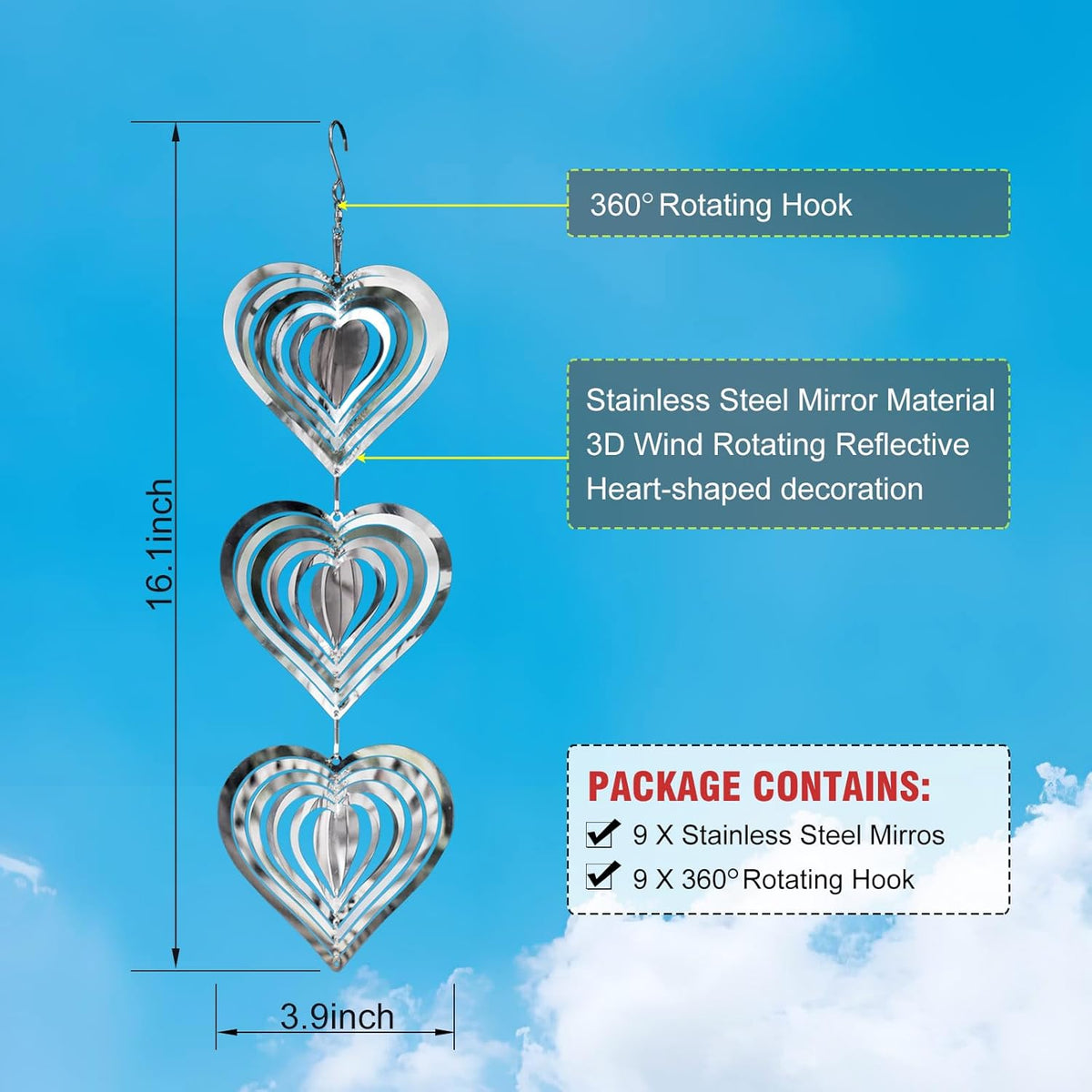 9 Heart Bird Scare Discs Set-Highly Reflective Double-Sided Bird Reflectors, Stainless Steel Wind Spinner with 360° Rotating Hook, Mirrored Wind Chime Decor for Yards, Gardens, Balconies & Orchards