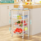 Giwil Vegetable Fruit Basket for Kitchen Pantry Organizers Storage, 4-Tier Utility Rolling Cart on Wheels with Wood Rack and Drawer Wire Baskets for Onions Potatoes Snacks, White