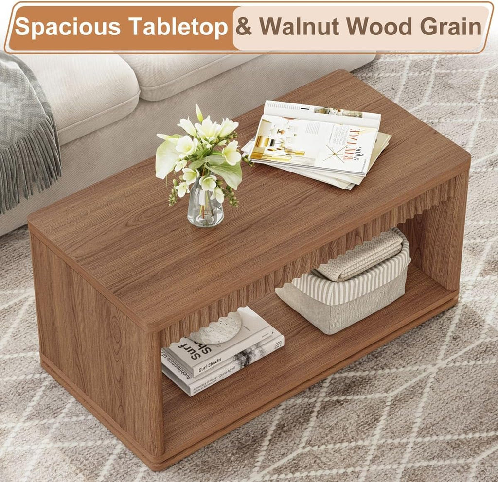 FATORRI Coffee Table and TV Stand Bundle for Living Room, Walnut TV Console Entertainment Center with Storage Shelf, Fluted Rectangular Center Table Set, 2-Piece Furniture Set