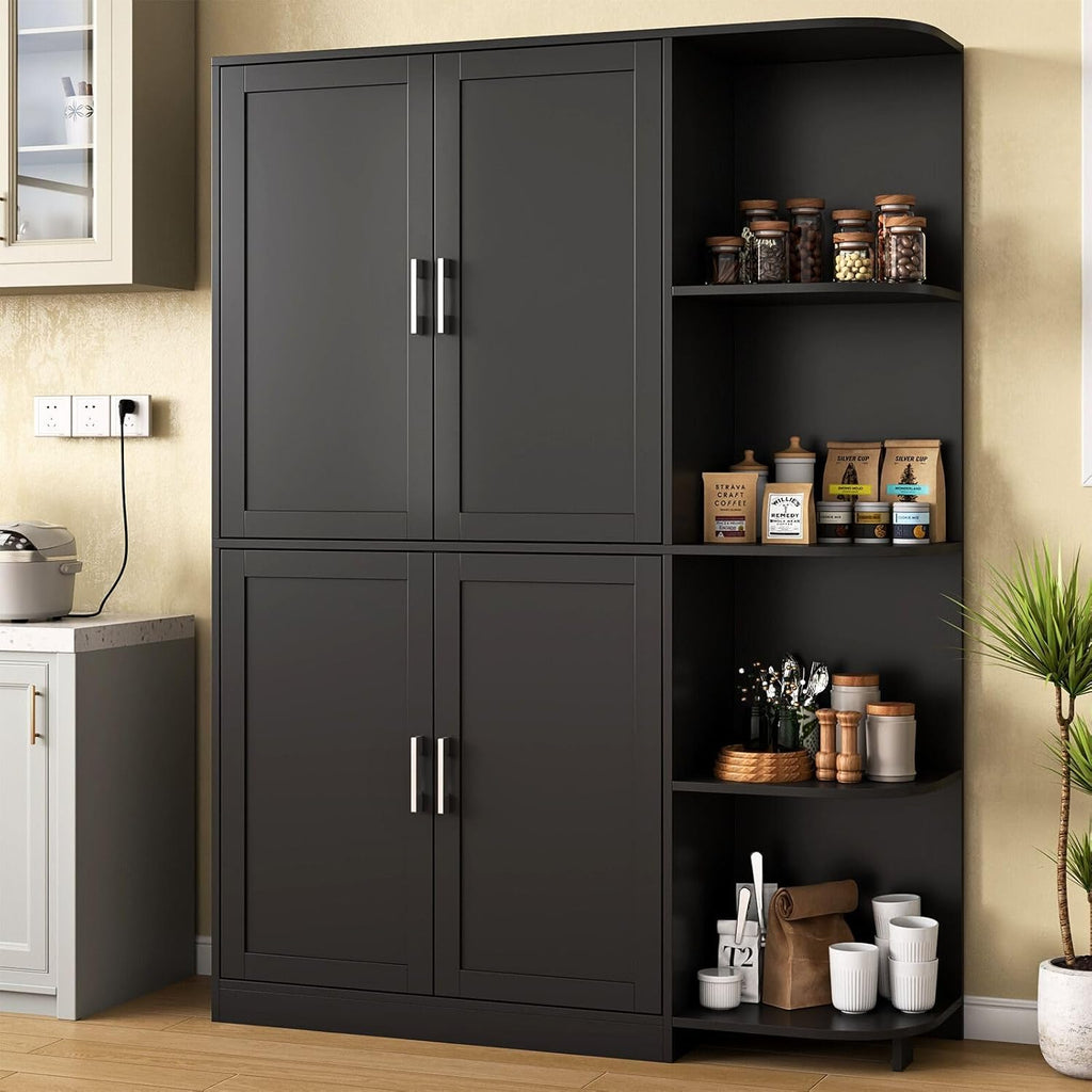 Loomie Kitchen Pantry Storage Cabinet, 64" Tall Freestanding Cupboard | Food Pantry Cabinet with Doors & Adjustable Shelves & 5-Tier External Shelf for Dining Room (Black)