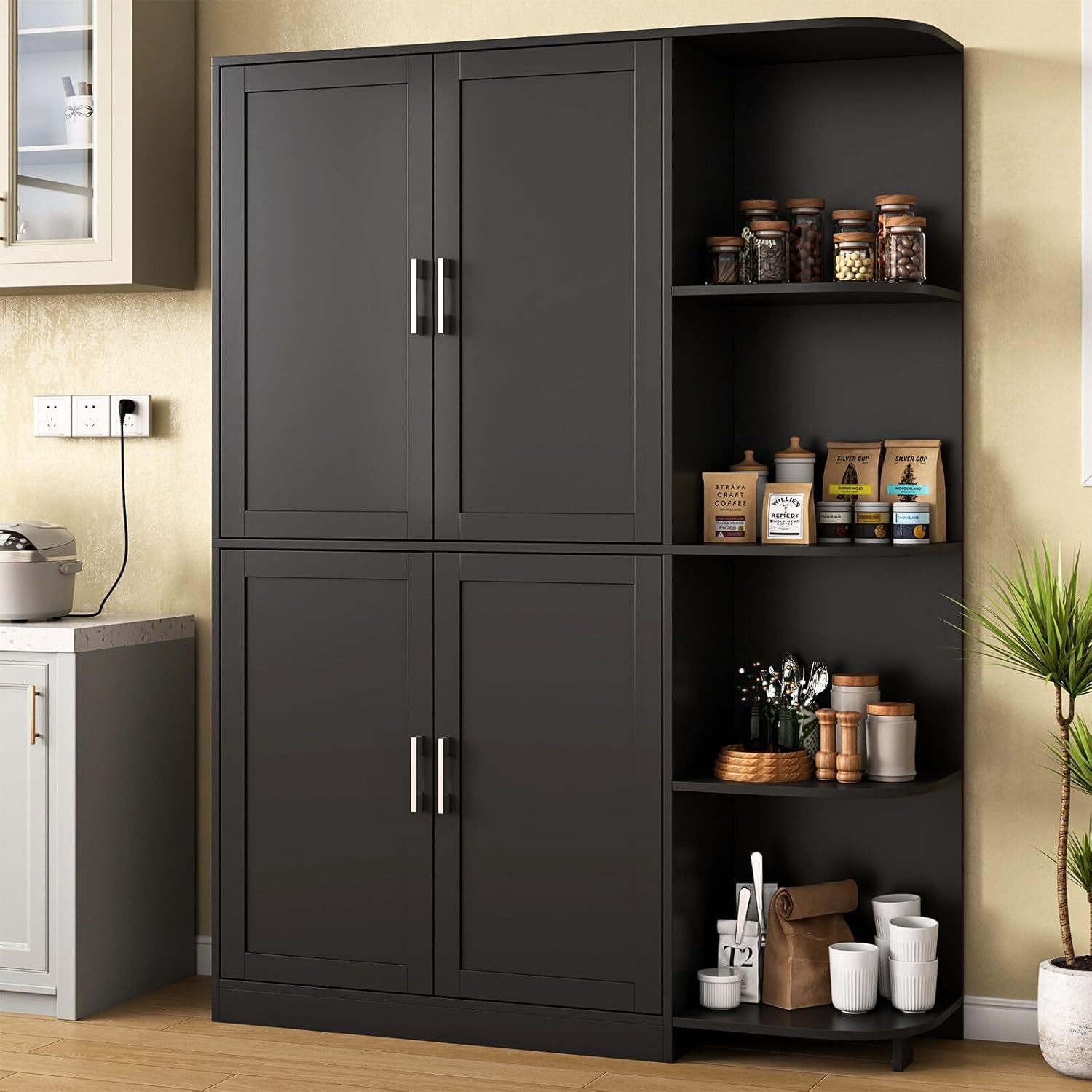 Loomie Kitchen Pantry Storage Cabinet, 64" Tall Freestanding Cupboard | Food Pantry Cabinet with Doors & Adjustable Shelves & 5-Tier External Shelf for Dining Room (Black)