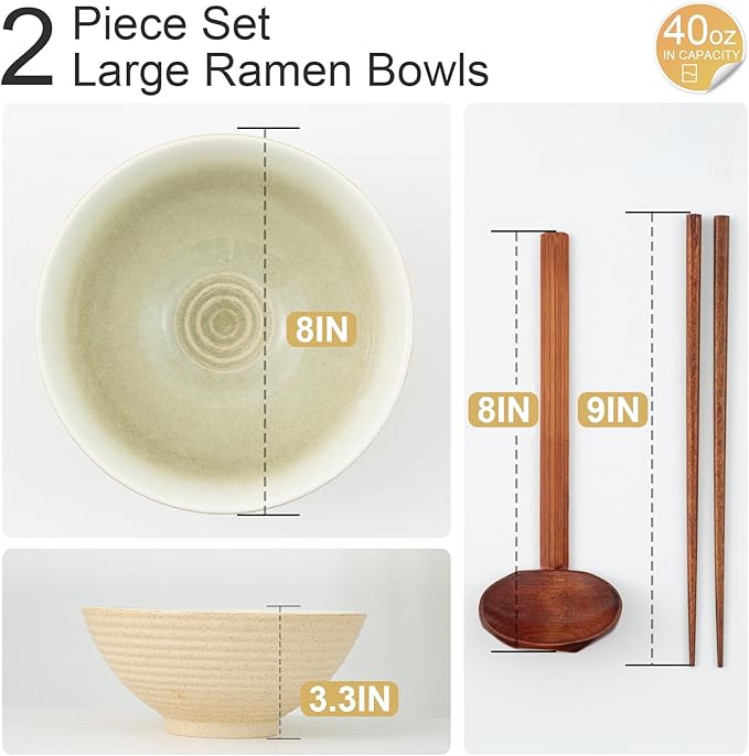 8 Inch Ceramic Ramen Bowl Set of 2, 40oz Japanese Bowls with Spoons & Chopsticks,Durable,Microwave & Dishwasher Safe,Perfect for Ramen,Pho,Salad,Soup,Noodles，Mixing bowls（Verdant）
