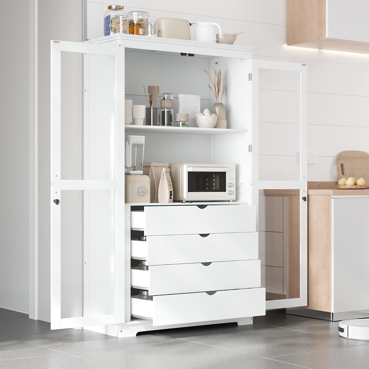 roomfitters 75" Kitchen Pantry, Freestanding Storage Cabinet Display Cabinet with Glass Doors and 4 Drawers, White