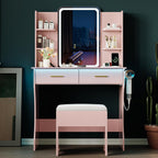 Vanity Desk with LED Lights Mirror & Power Outlet, Small Makeup Vanity Table Set with Storage Drawers & Chair, 3 Lighting Modes & Adjustable Brightness, Dressing Table for Women Girls Bedroom, Pink