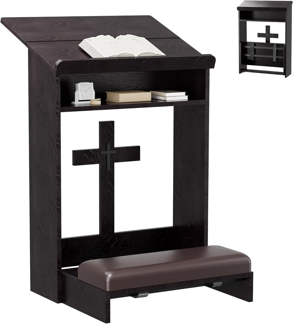 Foldable Prayer Kneeler, Wooden Prayer Bench with Storage Shelf, Cushion Pad, Rounded Corner Bookend and Customizable Cross Decoration, Reinforced Steel Tube Base Design (Dark Brown)