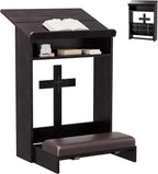 Foldable Prayer Kneeler, Wooden Prayer Bench with Storage Shelf, Cushion Pad, Rounded Corner Bookend and Customizable Cross Decoration, Reinforced Steel Tube Base Design (Dark Brown)