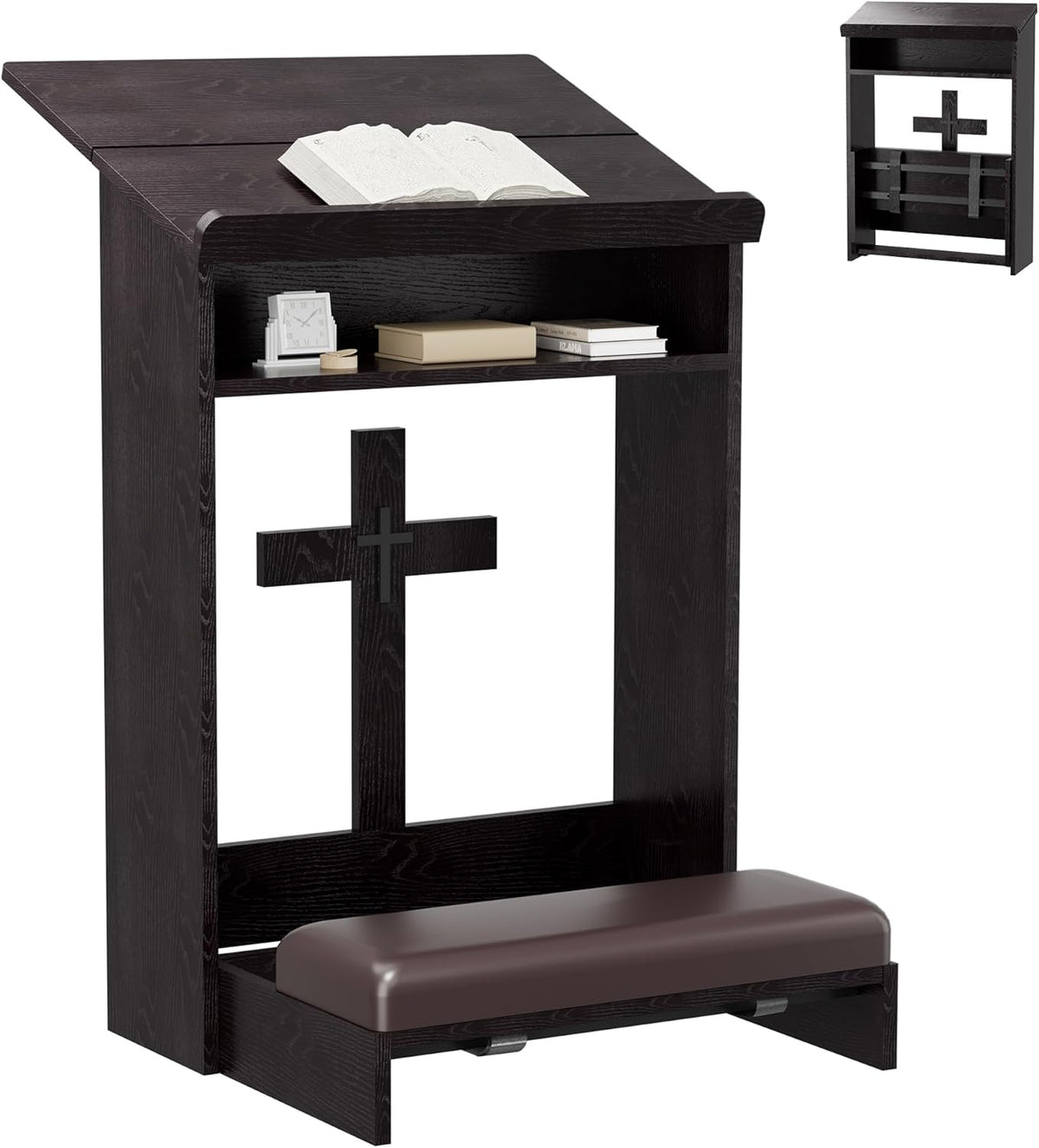 Foldable Prayer Kneeler, Wooden Prayer Bench with Storage Shelf, Cushion Pad, Rounded Corner Bookend and Customizable Cross Decoration, Reinforced Steel Tube Base Design (Dark Brown)