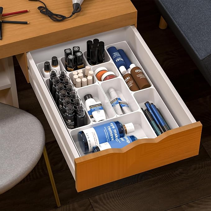 7 Pcs Plastic Drawer Organizer Set,4 Size Small Storage Containers for Organizing Jewelry,Utensil,Junk,Tea,Makeup,Shallow Drawer Organizers Tray Suitable for Office,Desk,Bathroom,Vanity,Kitchen,White