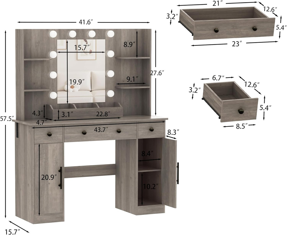 HUANLEGO Vanity Desk with Mirror and Lights, Makeup Vanity with Mirror and LED Lights & Power Outlet, 3 Drawers and Cabinets, 3 Lighting Modes Dressing Table Set for Girls Women Bedroom,Grey