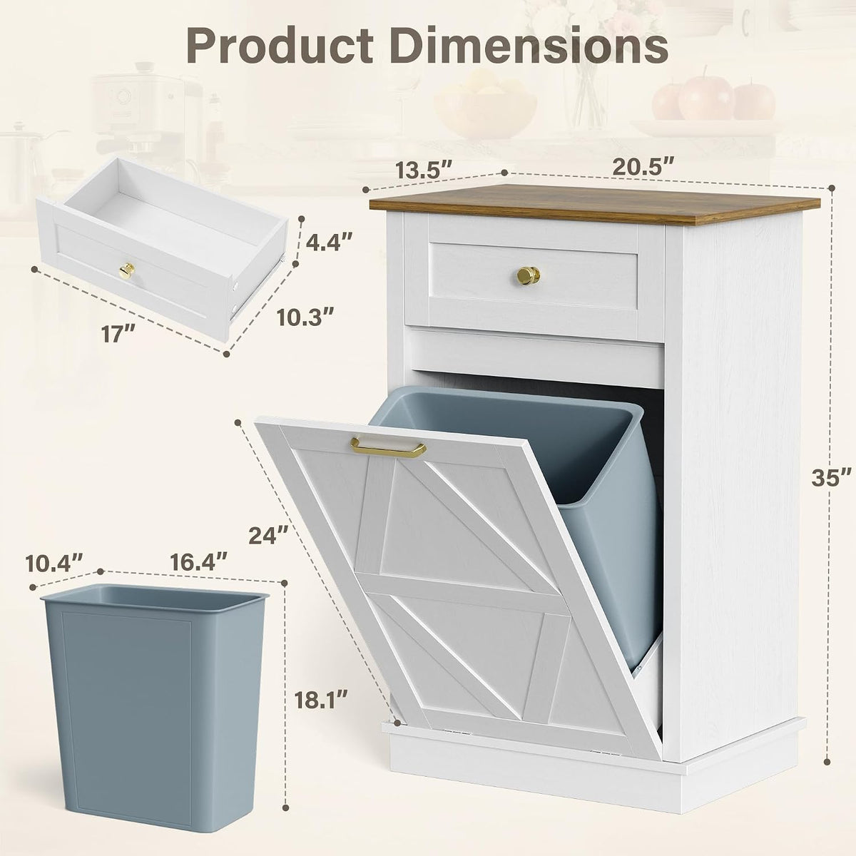 YESHOMY Tilt Out Trash Can Cabinet, 10 Gallon Garbge Can Cabinets, Wooden Hidden Laundry Hamper with Drawer, for Kitchen, Dining Room, Living Room (White)