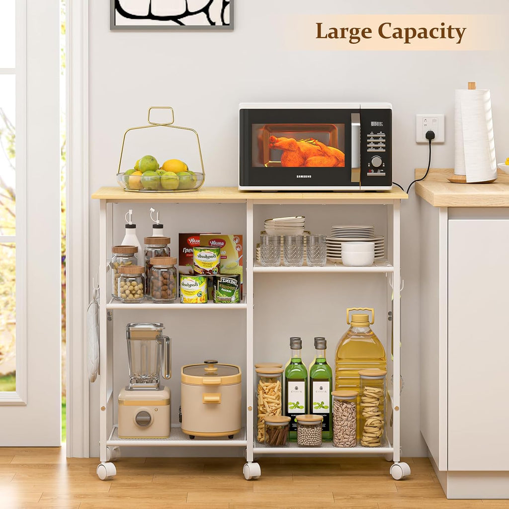 ThreeHio Kitchen Island cart with Storage, Mobile Kitchen Cart with 4 Hooks and Adjustable Shelf on Wheels, Rolling Microwave Stand Coffee Bar Baker's Rack Utility Cart for Kitchen, Dinning Room,White
