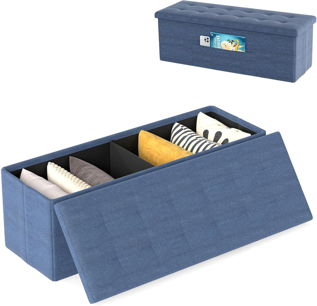 Giantex 43 Inches Folding Storage Ottoman Bench, Upholstered Storage Chest with Side Pocket, Divider, End of Bed Bench, Collapsible Ottoman Foot Rest for Living Room, Bedroom & Entryway (Navy)