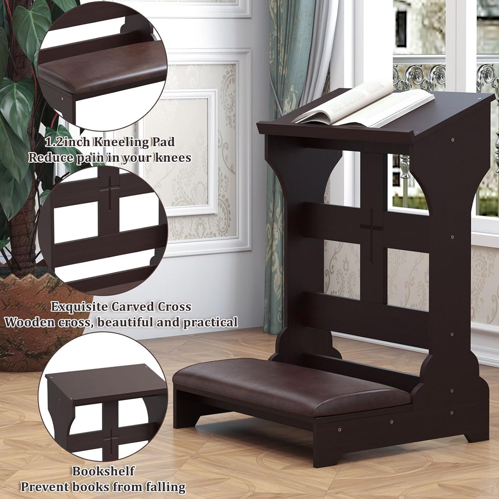 Prayer Kneeler, Wooden Prayer Bench Stool with Shelf and Cushion, Padded Kneeler Shelf for Kneeling at Home, Church Prayer Bench Stool Table