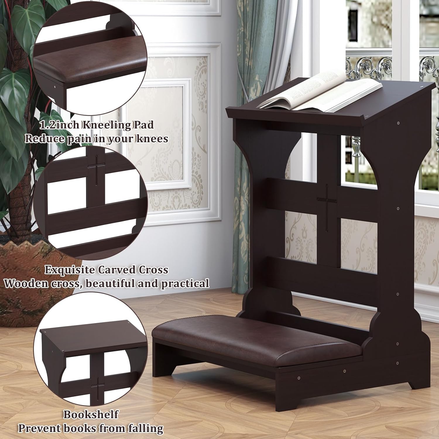Prayer Kneeler, Wooden Prayer Bench Stool with Shelf and Cushion, Padded Kneeler Shelf for Kneeling at Home, Church Prayer Bench Stool Table