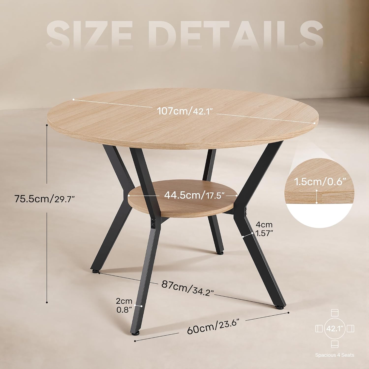Miereirl 42.13" Round Dining Table for 4, Modern Kitchen Table with Open Storage Shelf, Wood Dining Table for Dining Room, Apartment, Small Spaces
