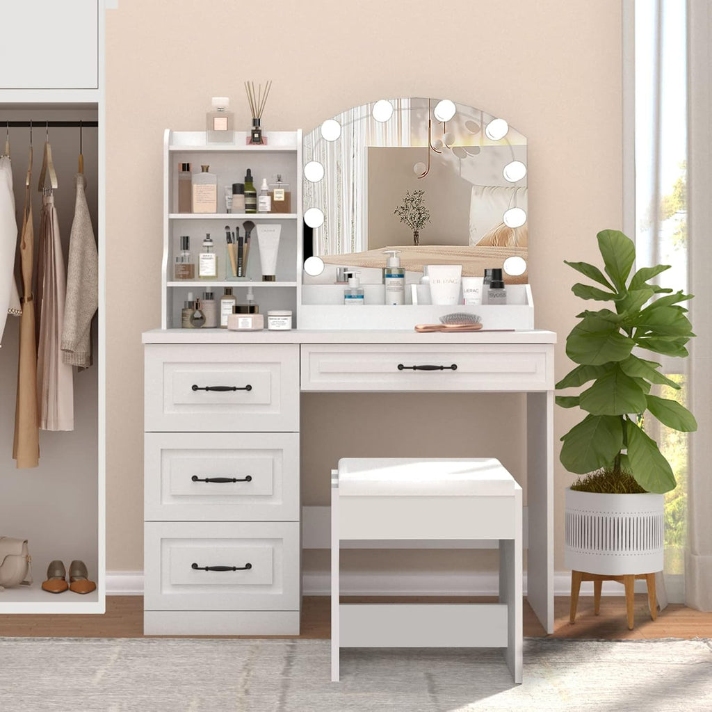 Vabches Vanity Desk with Mirror and Lights,Makeup Vanity Set for Bedroom | White Dressing Table 3 Lighting Colors, 4 Drawers