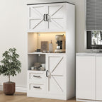Kitchen Pantry Storage Cabinet with LED Lights and Power Strip, Tall Farmhouse Kitchen Pantry with Barn Doors and Drawers, Adjustable Shelves for Dining Living Room (White)