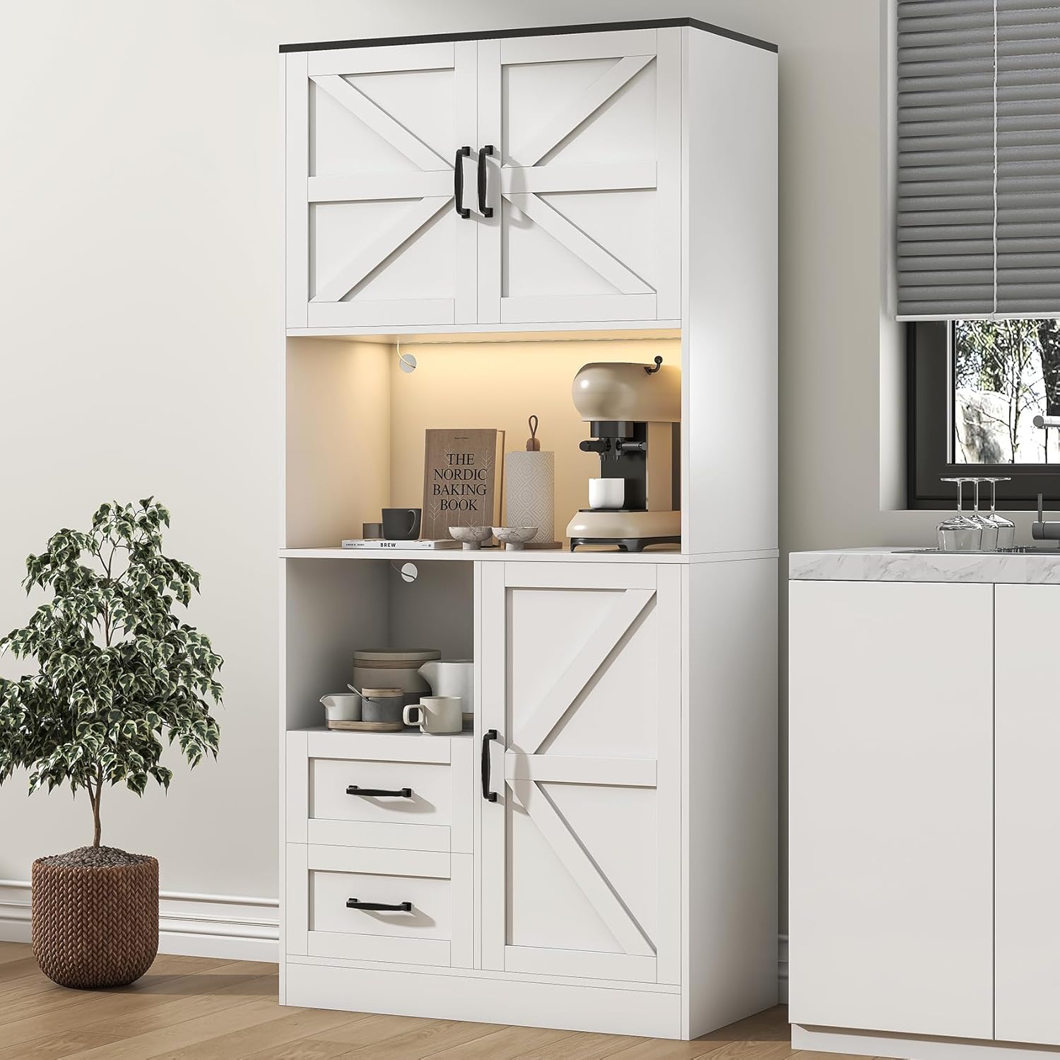 Kitchen Pantry Storage Cabinet with LED Lights and Power Strip, Tall Farmhouse Kitchen Pantry with Barn Doors and Drawers, Adjustable Shelves for Dining Living Room (White)