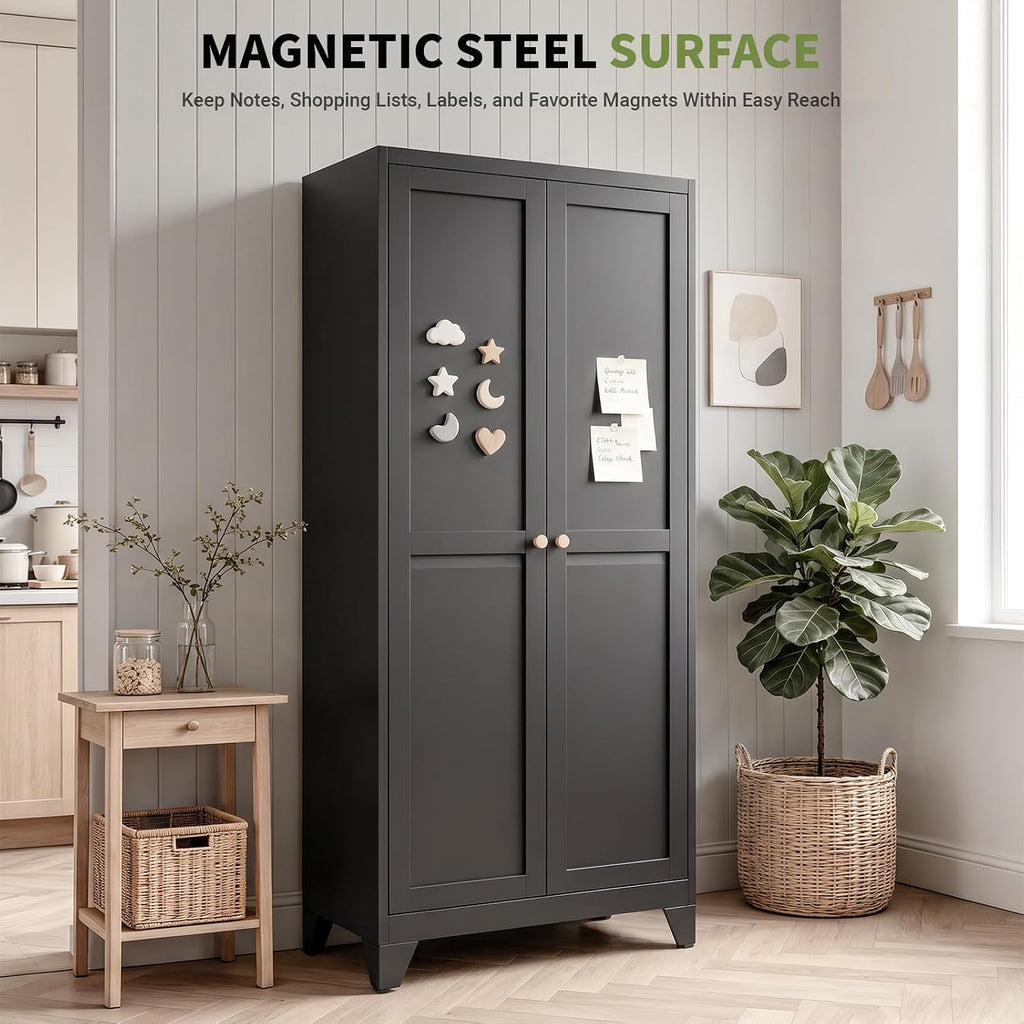 71" Metal Kitchen Pantry Cabinet with 4 Adjustable Shelves & Doors | Freestanding Metal Storage Cabinet with Adjustable Leveling Feet for Kitchen, Pantry & Dining Room, Black