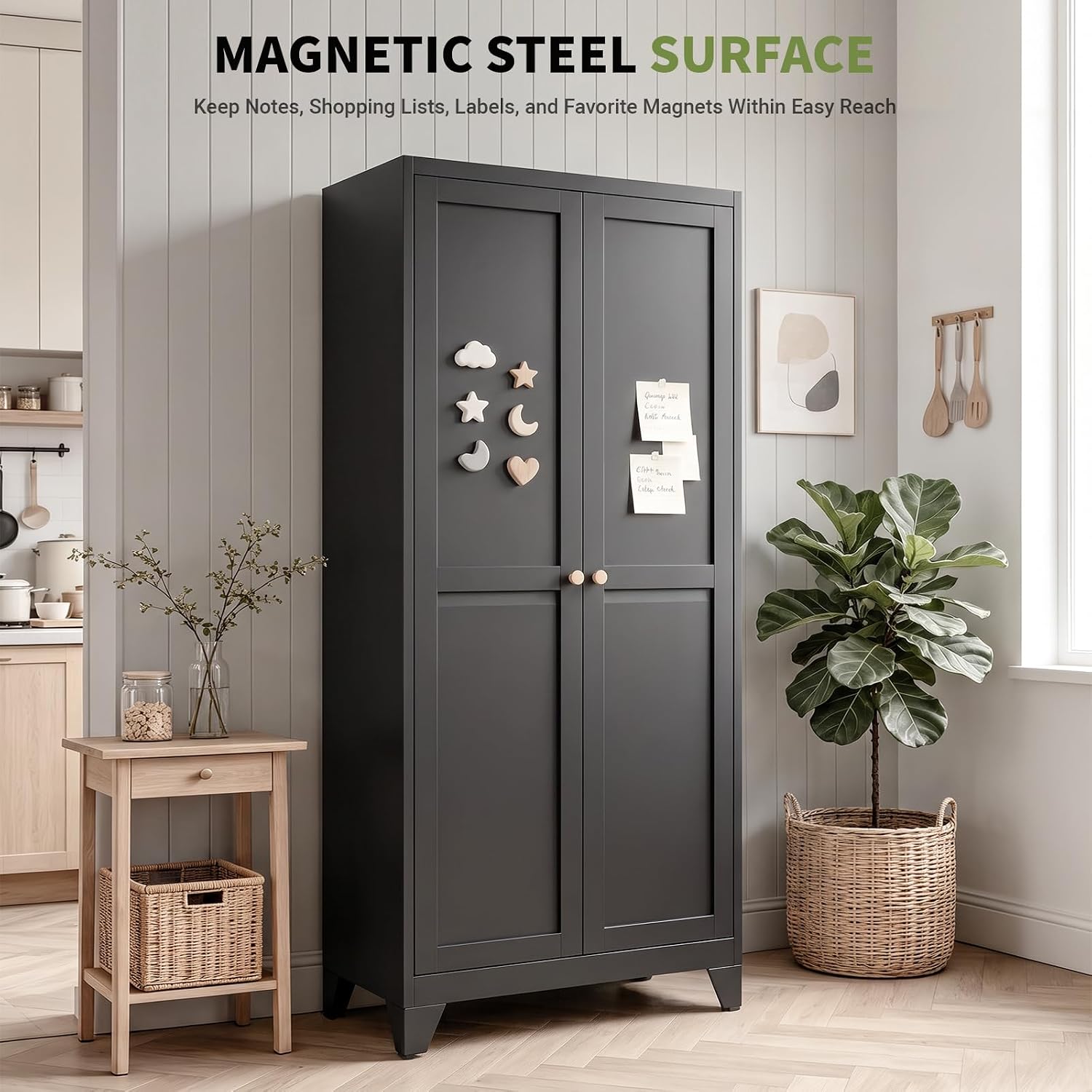 71" Metal Kitchen Pantry Cabinet with 4 Adjustable Shelves & Doors | Freestanding Metal Storage Cabinet with Adjustable Leveling Feet for Kitchen, Pantry & Dining Room, Black
