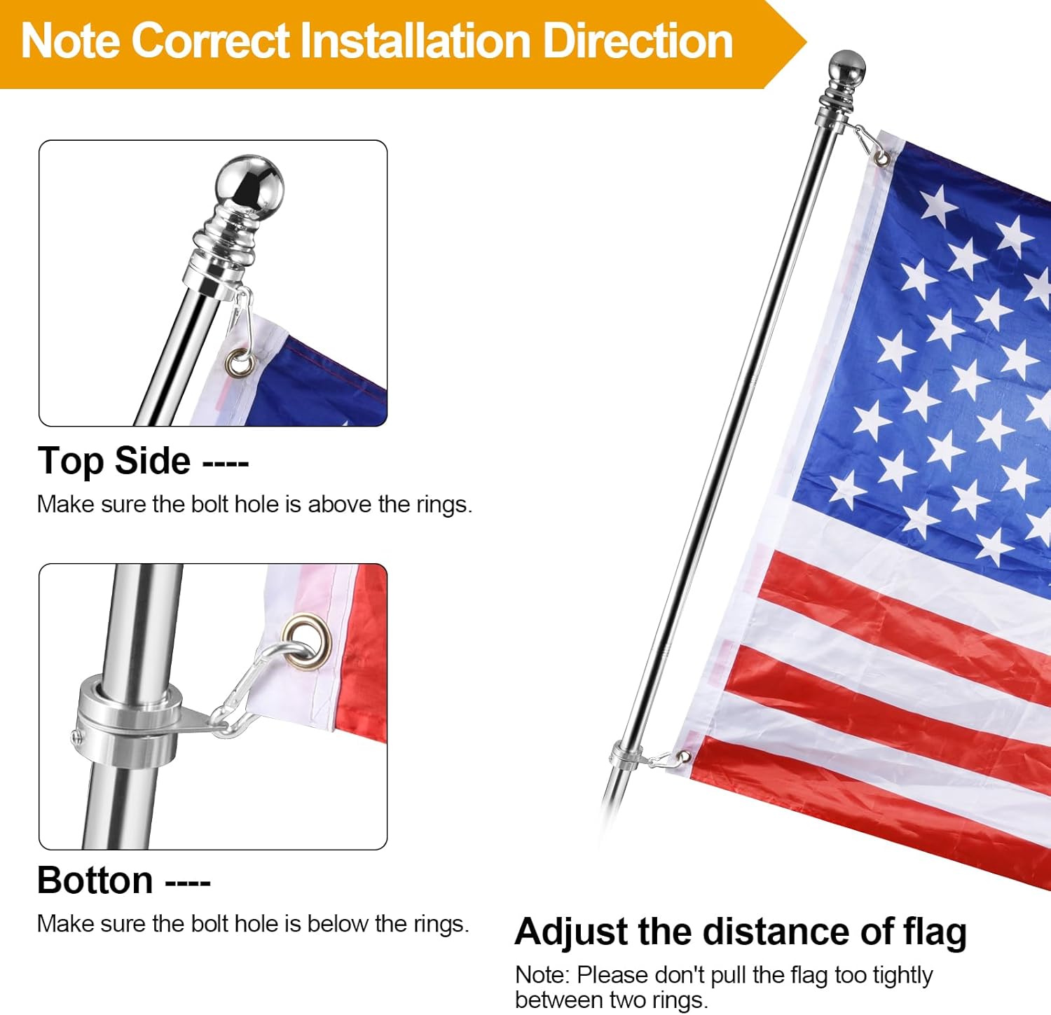 Flag Pole Rings, 1" Spinning Flagpole Ring Clips, 2 Pcs Aluminum Alloy & Steel 360° Rotating Anti Wrap Flag Mounting Rings with Snap Carabiners for 0.75-1.02 Inch Diamete Flagpole (Φ1, Silver)