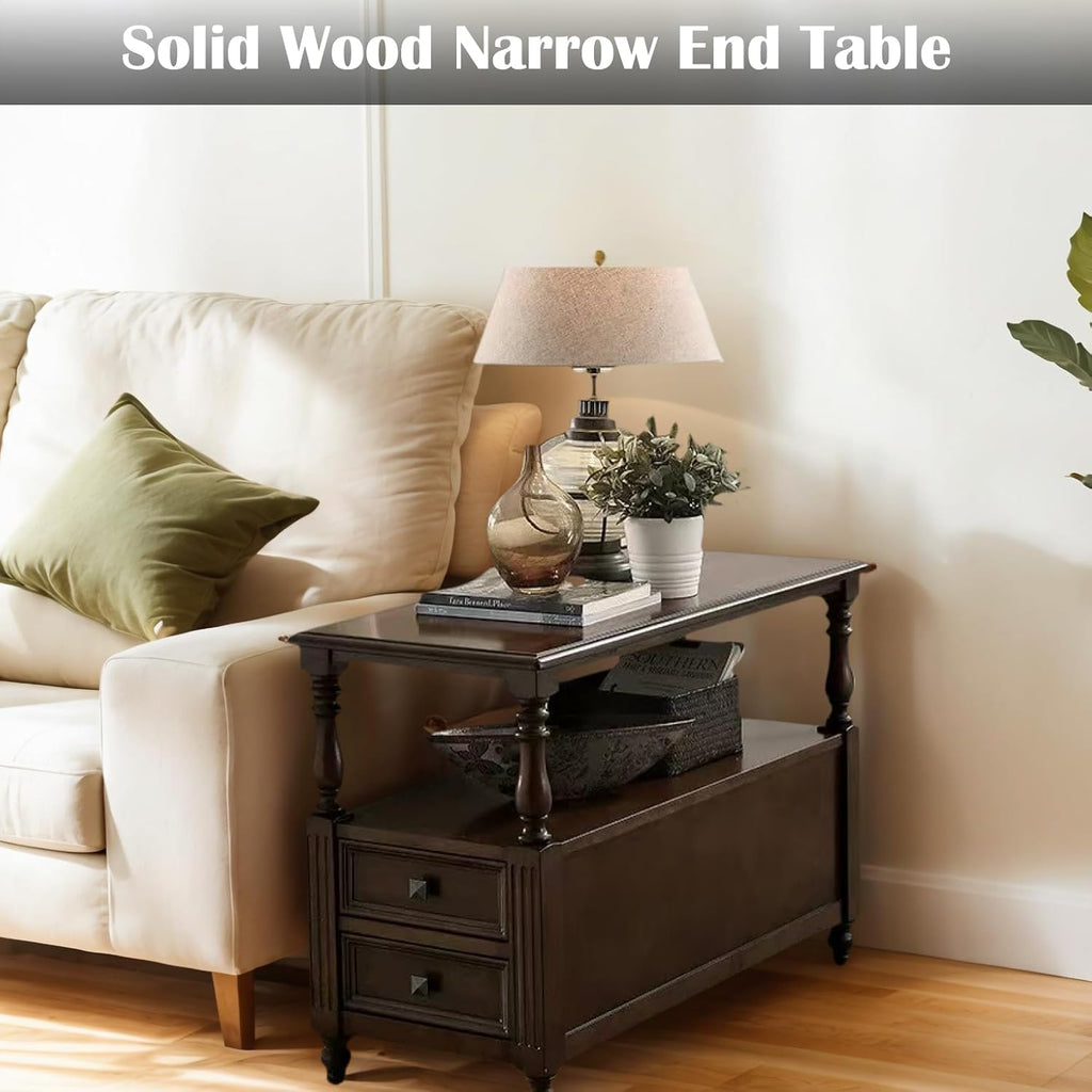 YUNMUARY-Solid Wood End Table with 2 Drawer Mid-Century Nightstand Narrow Side Tables with Storage Dark Walnut Side Tables for Living Room Small Space Sofa Side Table,Easy Assembly