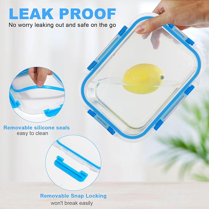30 Pieces Glass Food Storage Containers, Meal Prep Set with Snap Locking Lids, Airtight lunch Containers, BPA-Free, Microwave, Oven, Freezer & Dishwasher Friendly,Blue