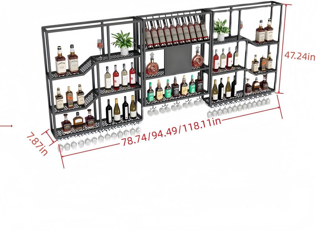 79" Large Metal Wine Rack Wall Mounted, 3 Tier Liquor Shelf & Liquor Rack Wall Mounted with LED Light, Bar Shelf for Liquor Bottles & Glass Holder for Dining Room,Home Bar,Black