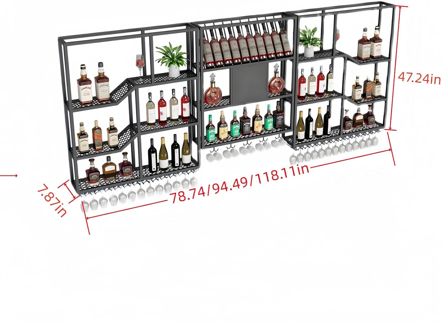 79" Large Metal Wine Rack Wall Mounted, 3 Tier Liquor Shelf & Liquor Rack Wall Mounted with LED Light, Bar Shelf for Liquor Bottles & Glass Holder for Dining Room,Home Bar,Black