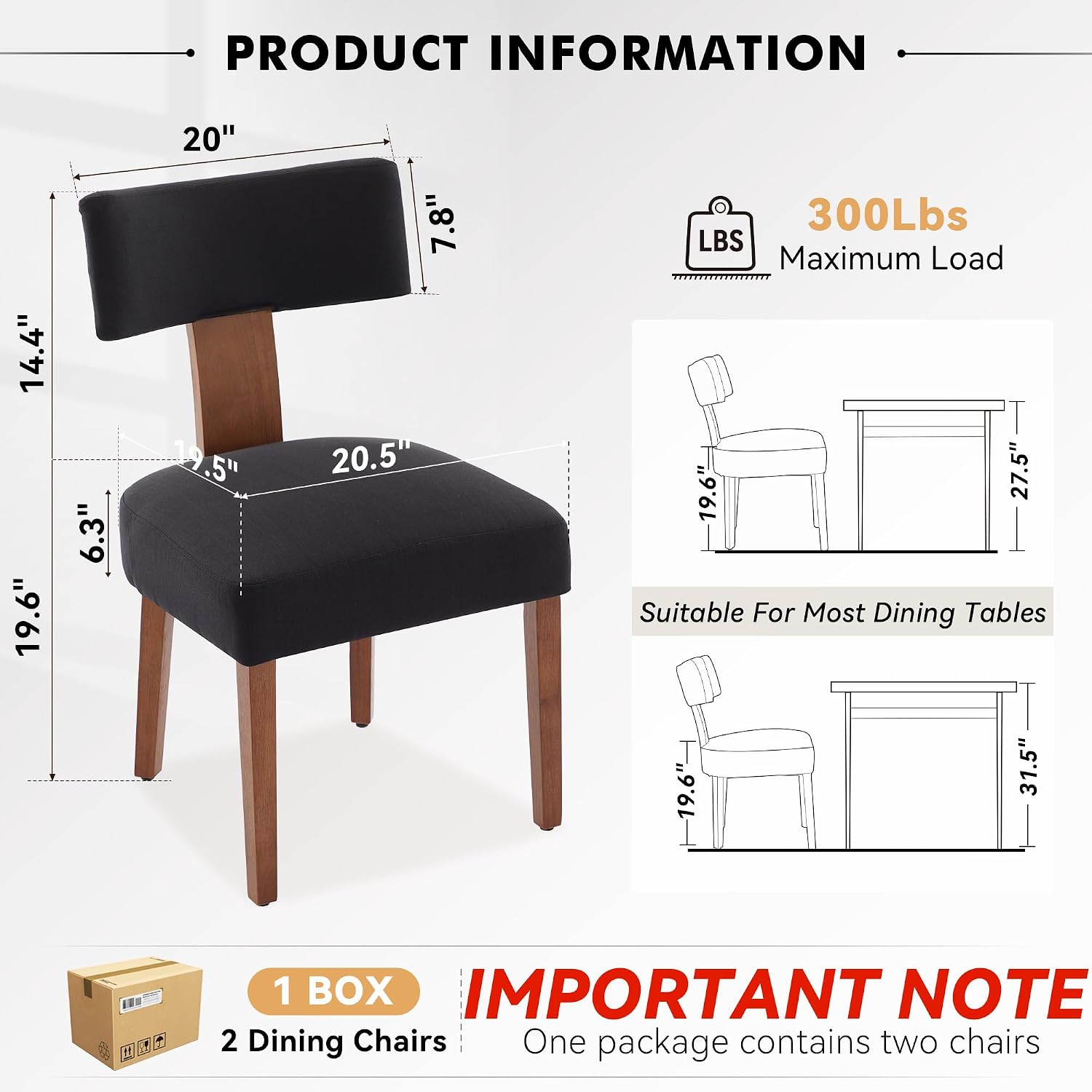 FOXHUNTER Upholstered Dining Chairs Set of 2, Modern Wooden Armless Kitchen Chairs with Curved Backrest, Mid-Century Farmhouse Dining Side Chairs, Linen Black