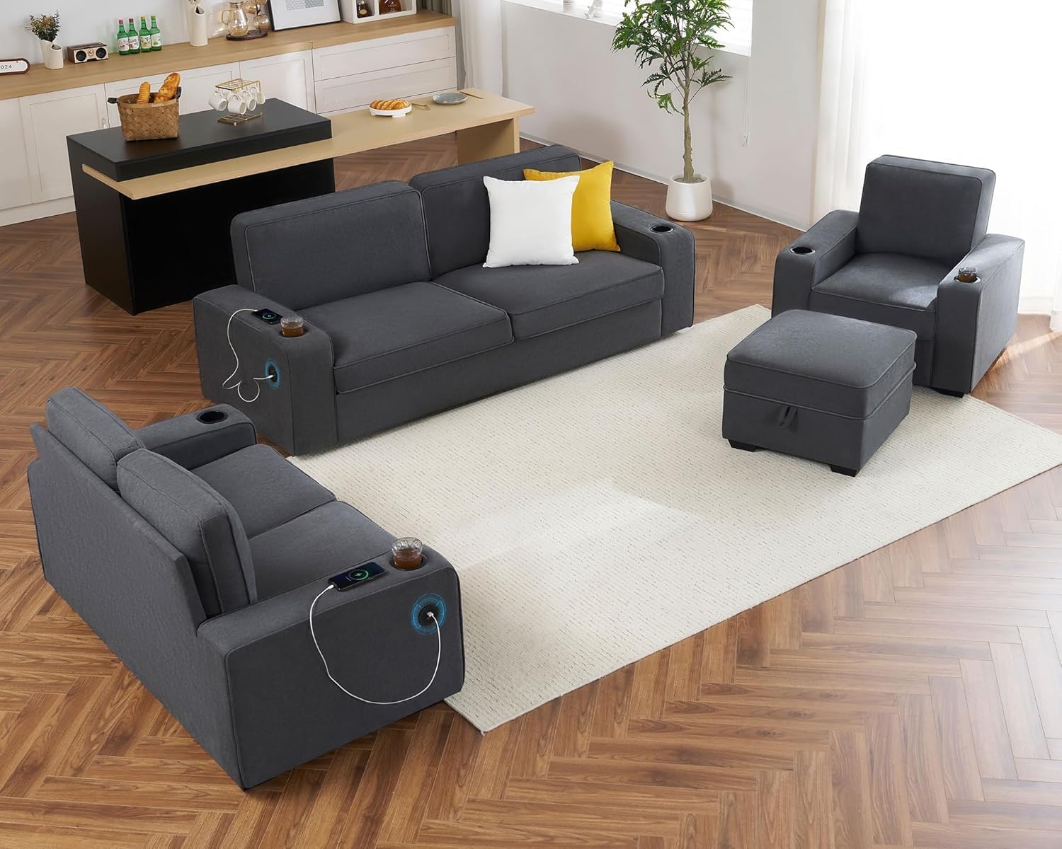 AMERLIFE Upholstered Storage Ottoman Footrest, Charcoal Grey | Storage Ottoman Footrest, Hidden Storage Compartment, Soft Upholstered Comfort