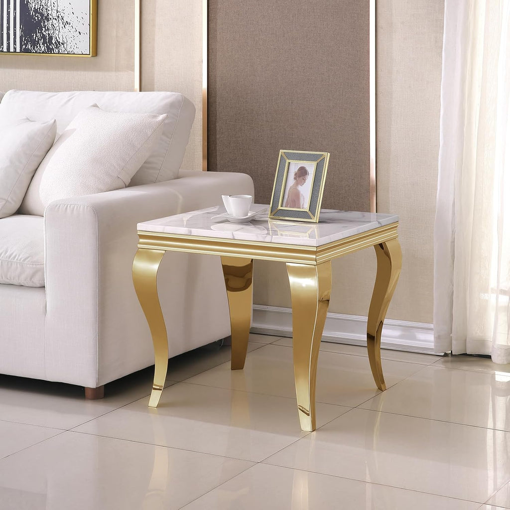Marble End Table, Modern White Faux Marble Sofa Side Table with Gold Stainless Steel Legs, Luxury Sqaure Accent Side Table Bedside Table Nightstand for Living Room Bedroom Office